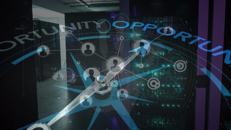 Kompas og serverrum symboliserer globale forretnings- og digitale finansmuligheder