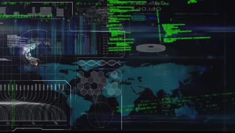 Animation-of-interface-with-scanner,-world-map-and-green-processing-data