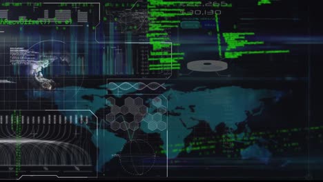 animación de la interfaz con el escáner, el mapa del mundo y los datos de procesamiento verde