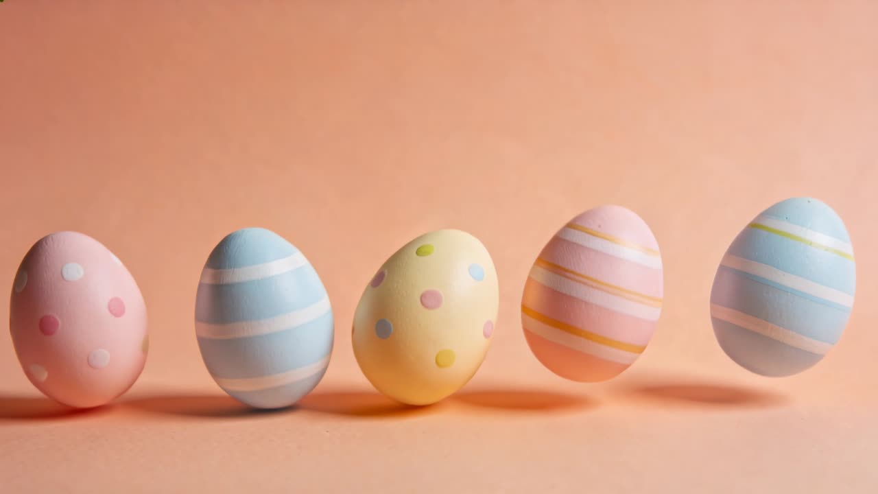 Tilting five pastel eggs bobbing on studio table after gentle impulse, settling with shadows