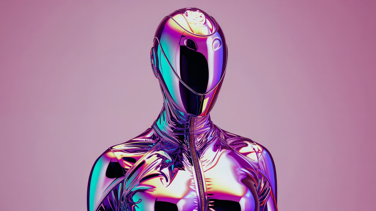 Camera zoom initiating on figure in metallic suit and helmet at pink studio, revealing color shift