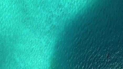 aerial, birdseye, drone shot, overlooking a line between emerald, aqua menthe, lagoon water and deeper teal colored sea, on a sunny day, in maldives