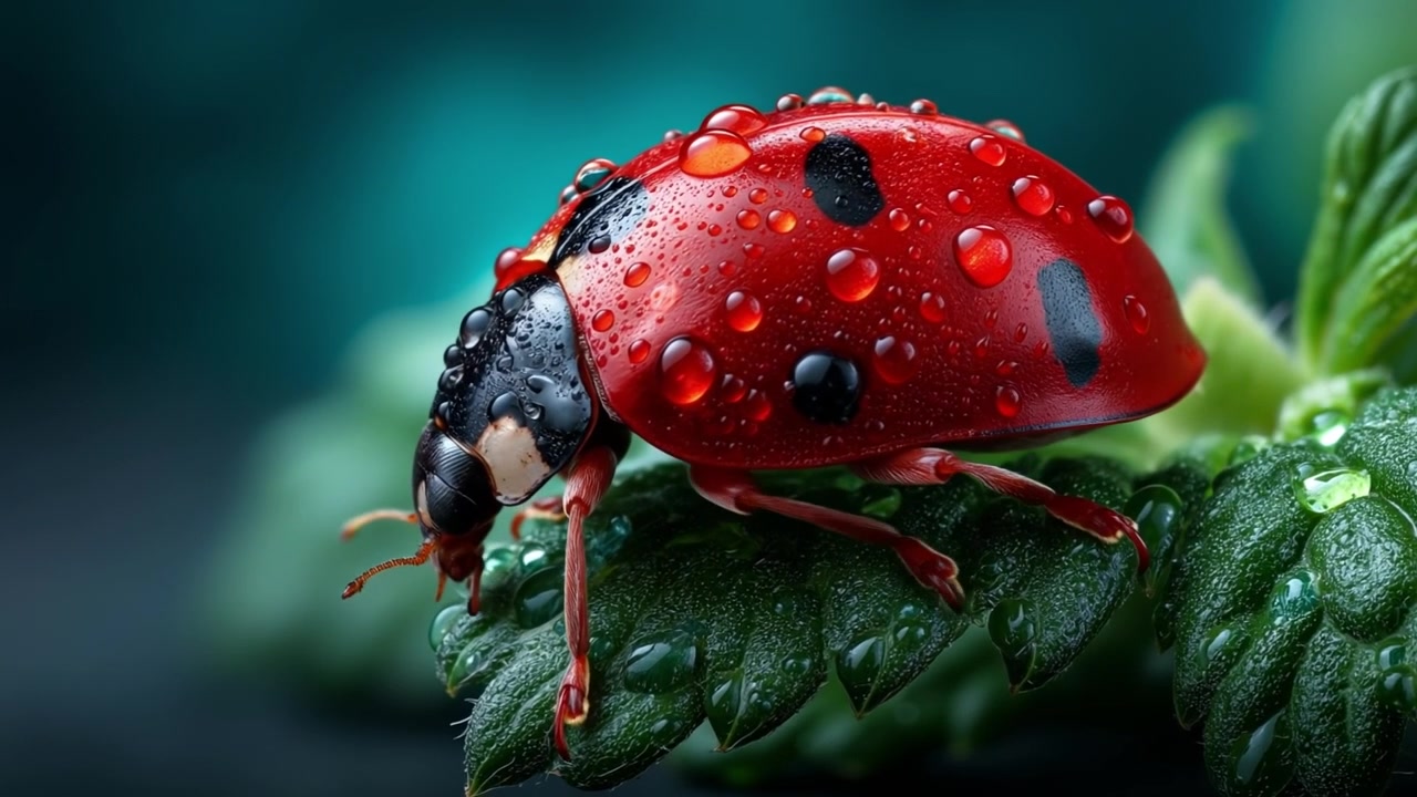 Macro shot of a red ladybug with water droplets sitting on a vibrant green leaf