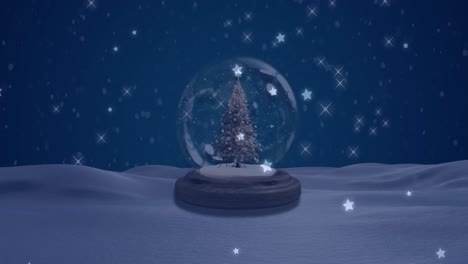 Animation-of-stars-falling-over-snow-globe-on-dark-background