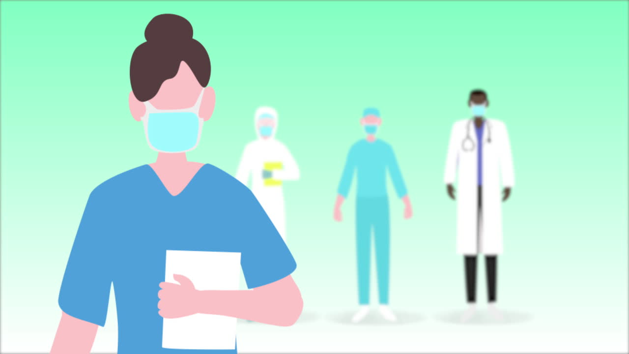 animación de un médico con una máscara facial con personal médico de pie sobre un fondo verde.