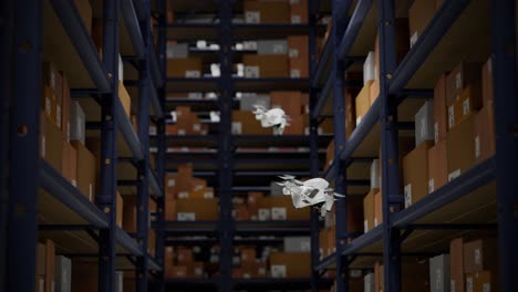 animación con drones de almacén escaneando códigos qr en las cajas de cartón en un estante metálico sistema totalmente automático no tripulado de distribución de carga proceso logístico eficiente coordinado por computadora