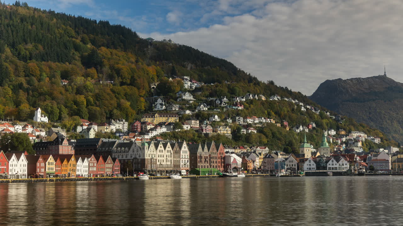 Timelapse of the harbor in Bergen with views of landmarks such as Bryggen, Floyen and Uriken