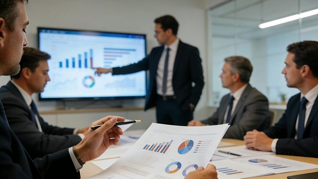 Presenting man in dark suit starting meeting pointing at monitor in conference room with reports