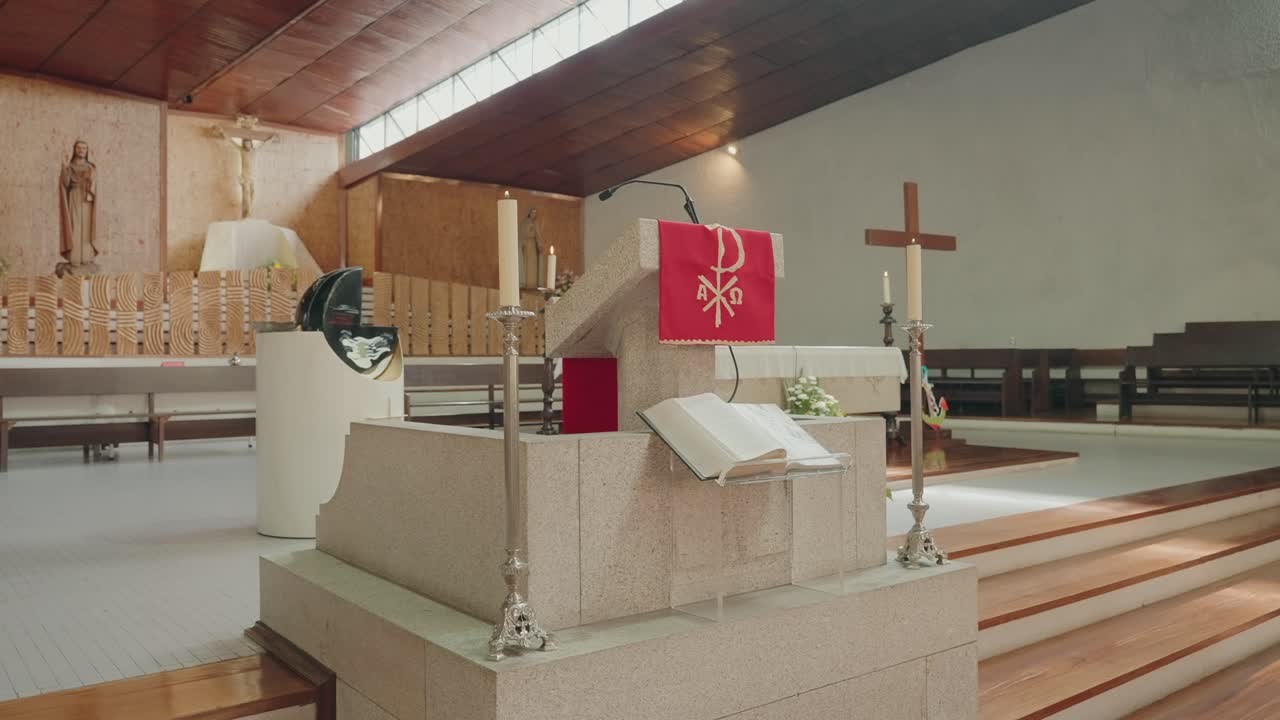 Peaceful interior of a contemporary church with altar and religious symbols