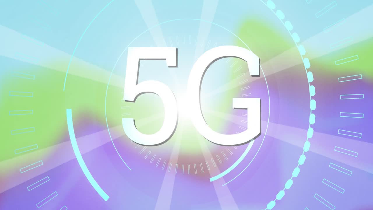 스 스캔과 빛나는 다채로운 배경 위에 5g 텍스트의 애니메이션