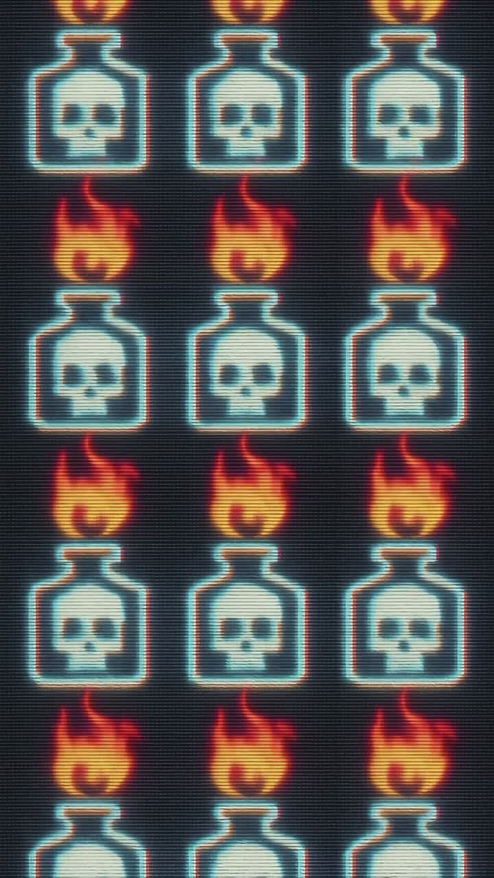 Retro video game style pattern featuring pixelated skulls in bottles with flames