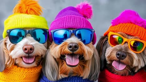 three dogs wearing colorful hats and sunglasses