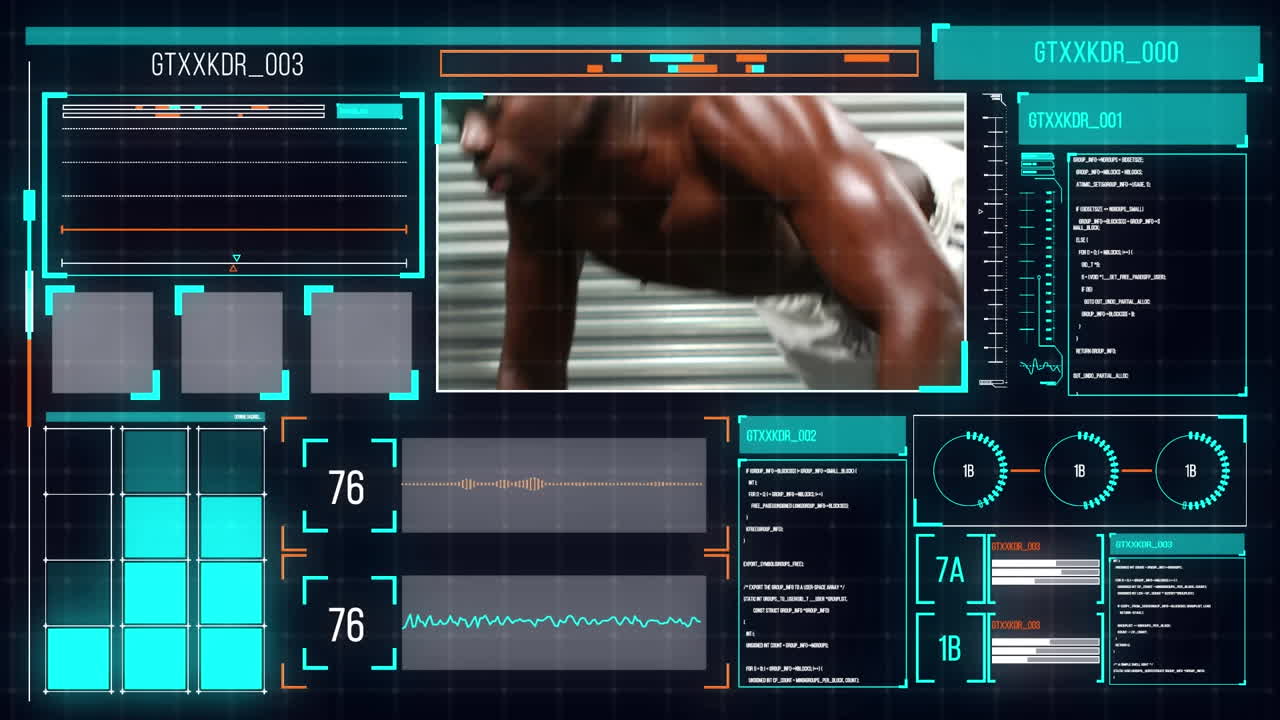 아프리카계 미국인 남자가 운동하는 스크린에서 데이터 처리 처리 애니메이션