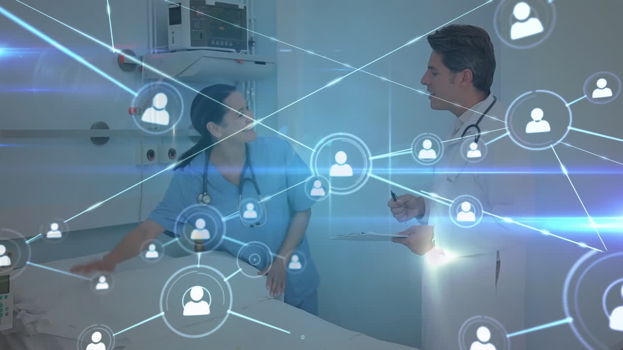 animación de la red de conexiones con íconos y senderos de luz sobre diversos médicos