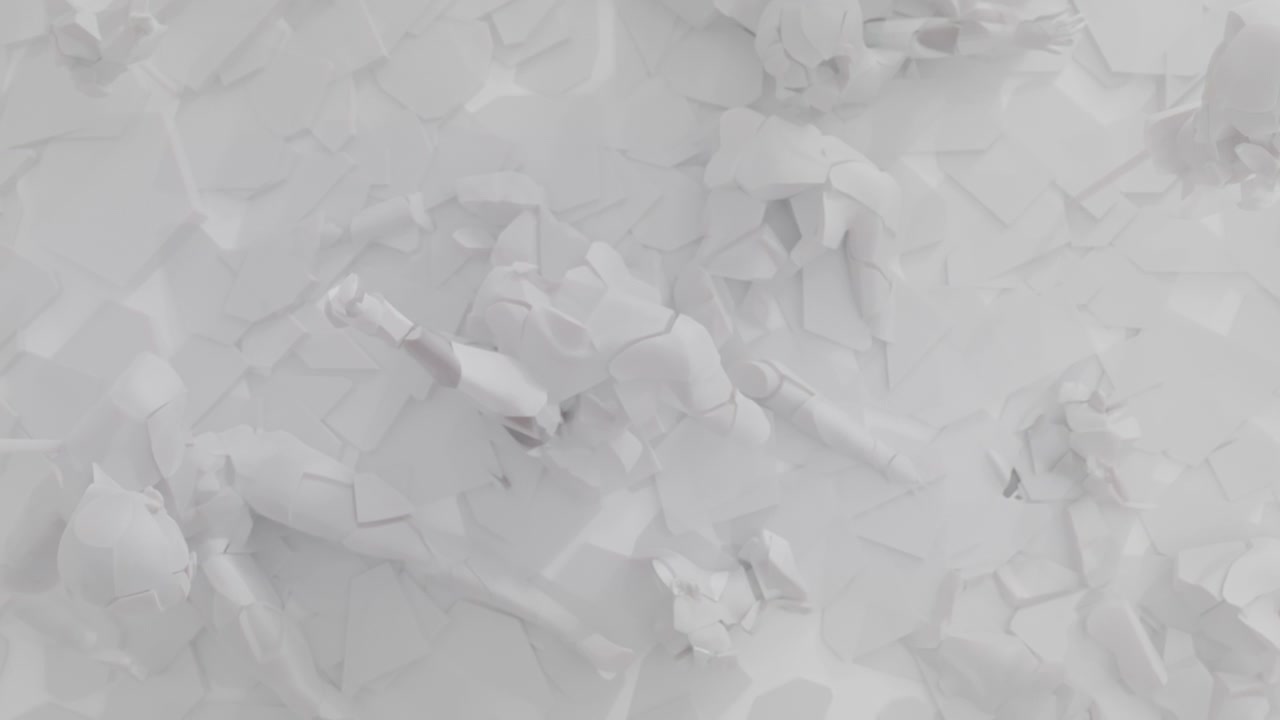 White, crushed android body parts on a foggy junkyard