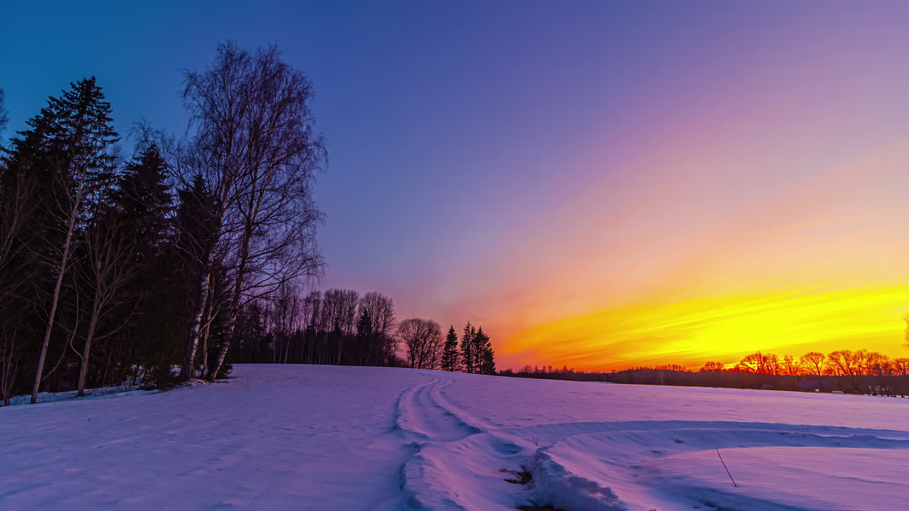 시간 경과에 따라 나무와 태양으로 둘러싸인 농지 위에 눈이 녹으면서 봄철이 도래하는 정적인 모습