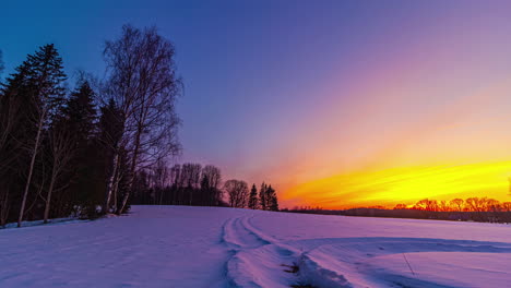 vista estática de la llegada de la primavera con nieve derritiéndose sobre tierras de cultivo rodeadas de árboles y puesta de sol en timelapse