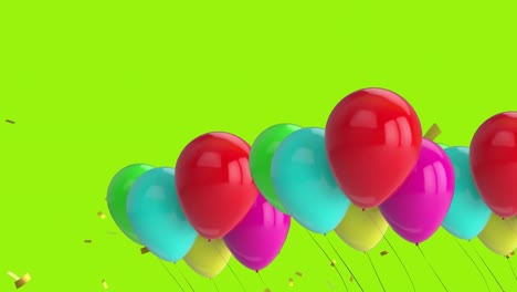 Animation-of-colourful-balloons,-over-gold-confetti-falling-on-green-background