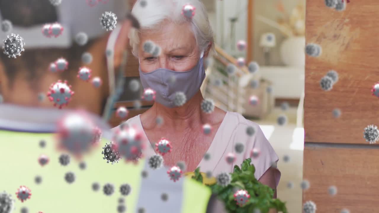 코로나 세포의 애니메이션 시니어 여성과 얼굴 마스크를 입은 배달 남자