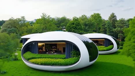 a couple of white pods sitting on top of a lush green field