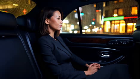 businesswoman in car at night looking out rainy window
