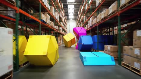 a vibrant warehouse scene featuring a worker navigate colorful geometric shapes amidst tall stacks of boxes in an organized storage environment
