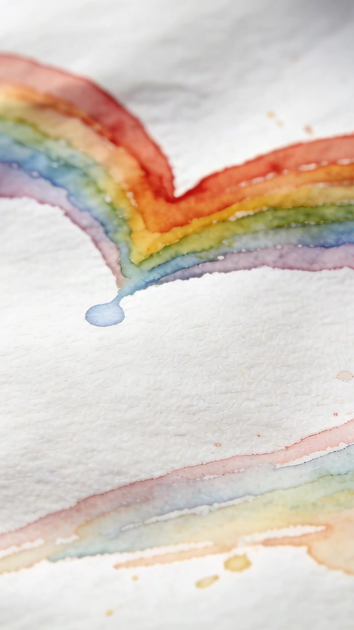 Video verticale: Arcobaleno ad acquerello che forma una gocciolina blu sulla punta su carta testurizzata mentre l'acqua si raccoglie.