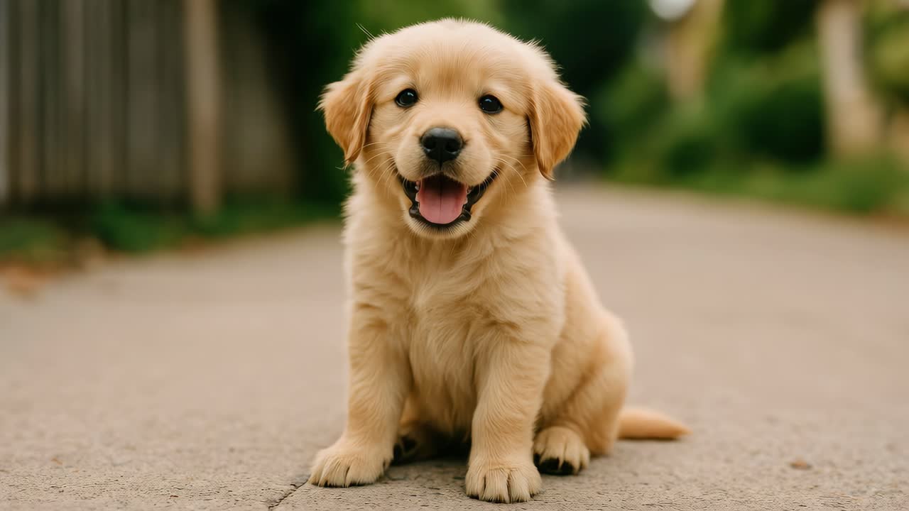 A close-up, eye-level shot of a playful golden retriever puppy walking on a path