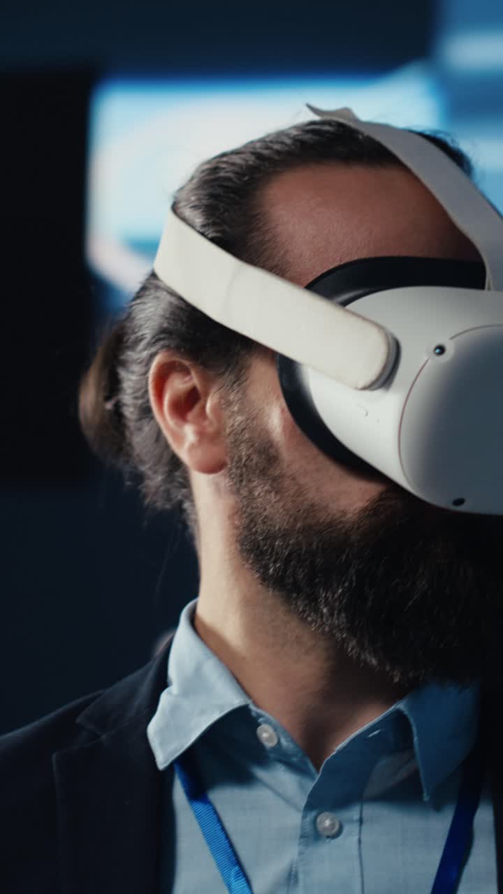Vertical Video IT engineer works with vr headset and artificial intelligence brain