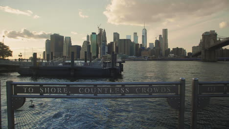 Gimbal-shot-of-lower-manhattan-waterfront-at-sunset