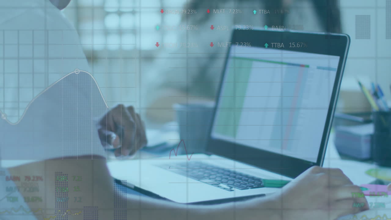 animación de múltiples gráficos y tablero de negociación sobre diversos compañeros de trabajo discutiendo informes