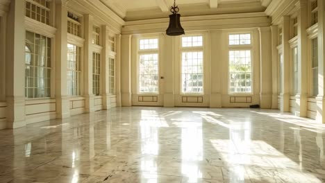 a large empty room with large windows and a chandelier