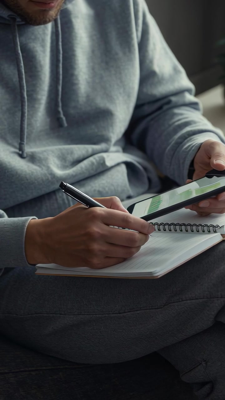 Video verticale: Uomo incappucciato che legge, inclina il tablet mentre lo schermo cambia, trascrivendo appunti sul divano.