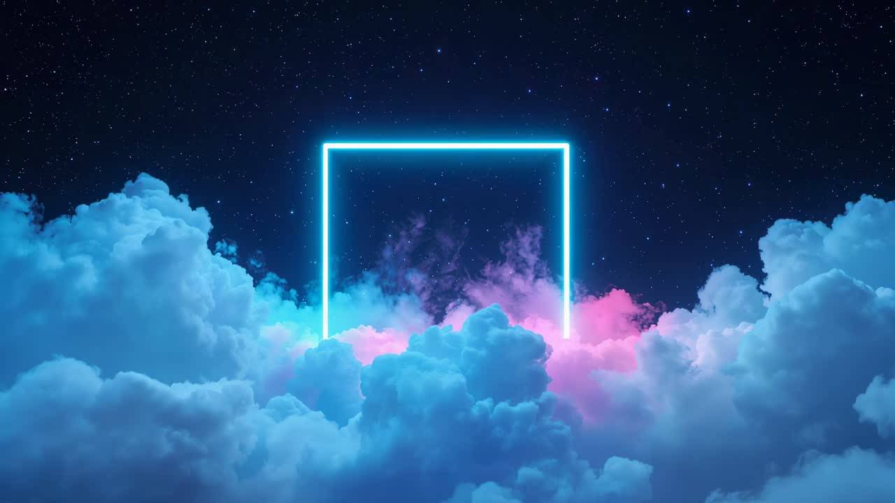 Brightening glowing cyan square descending above clouds, revealing star field and magenta glow