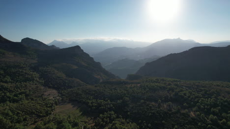 Toma-Aérea-De-La-Ladera-Del-Valle-Del-Bosque-En-España-Con-Sol-Alto