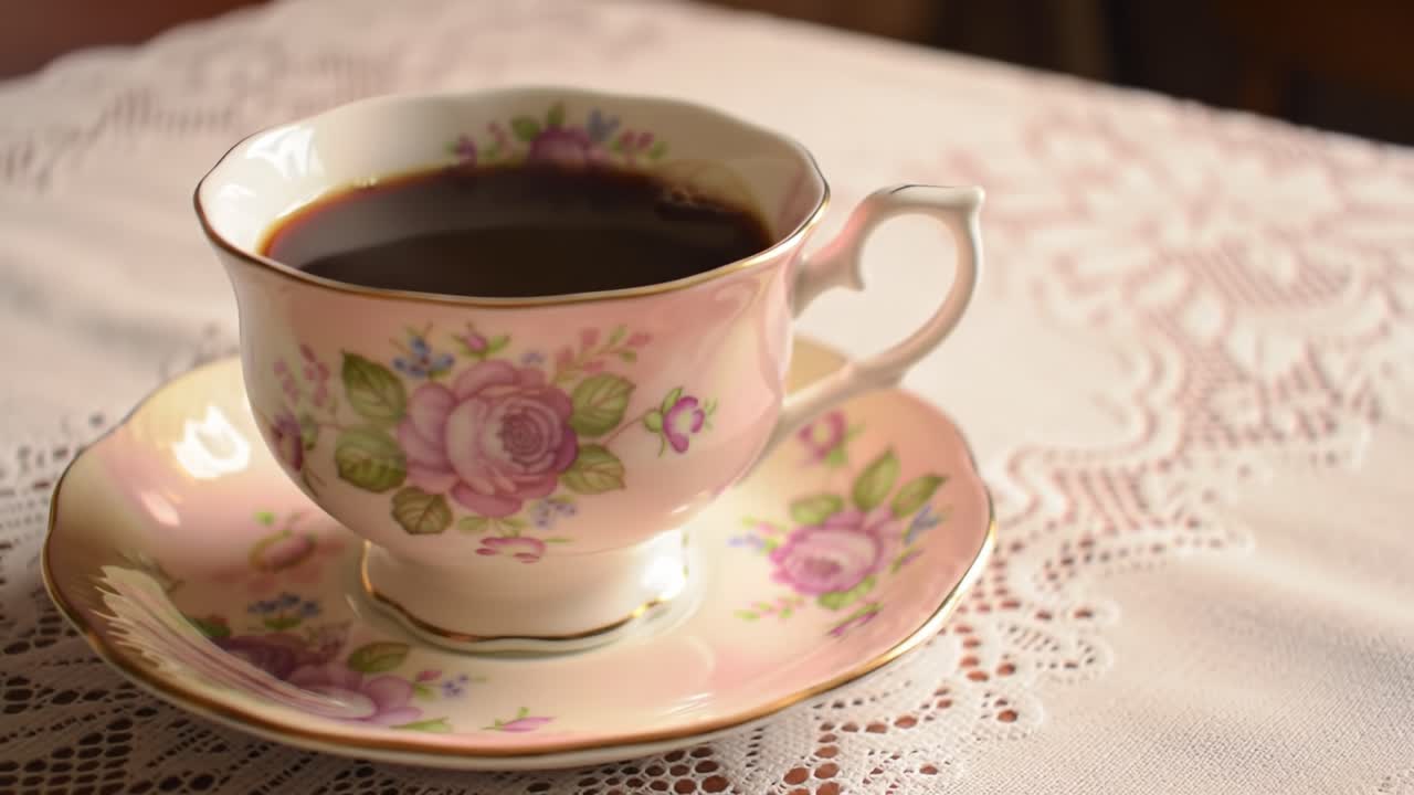 A Serene Moment of Enjoyment: Pouring Perfectly Brewed Coffee into a Delicate Floral Tea Cup on an Elegant Lace Tablecloth