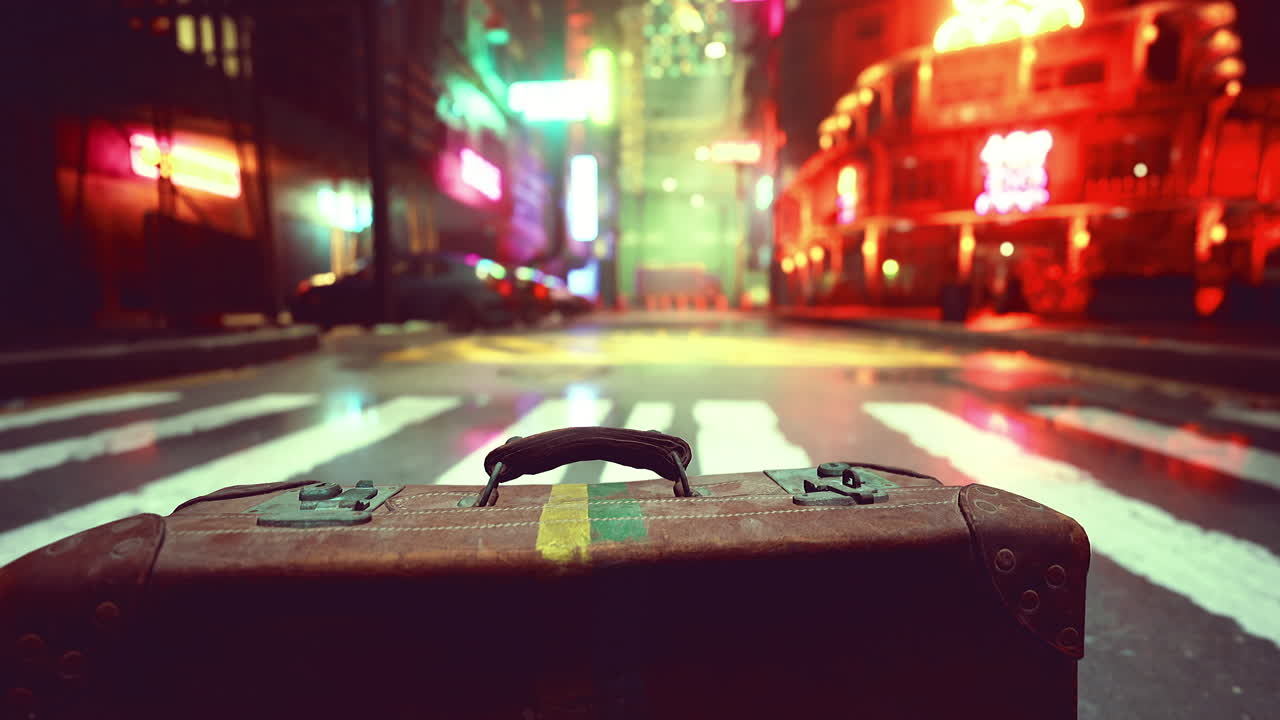 Valigia smarrita in una strada illuminata al neon di notte