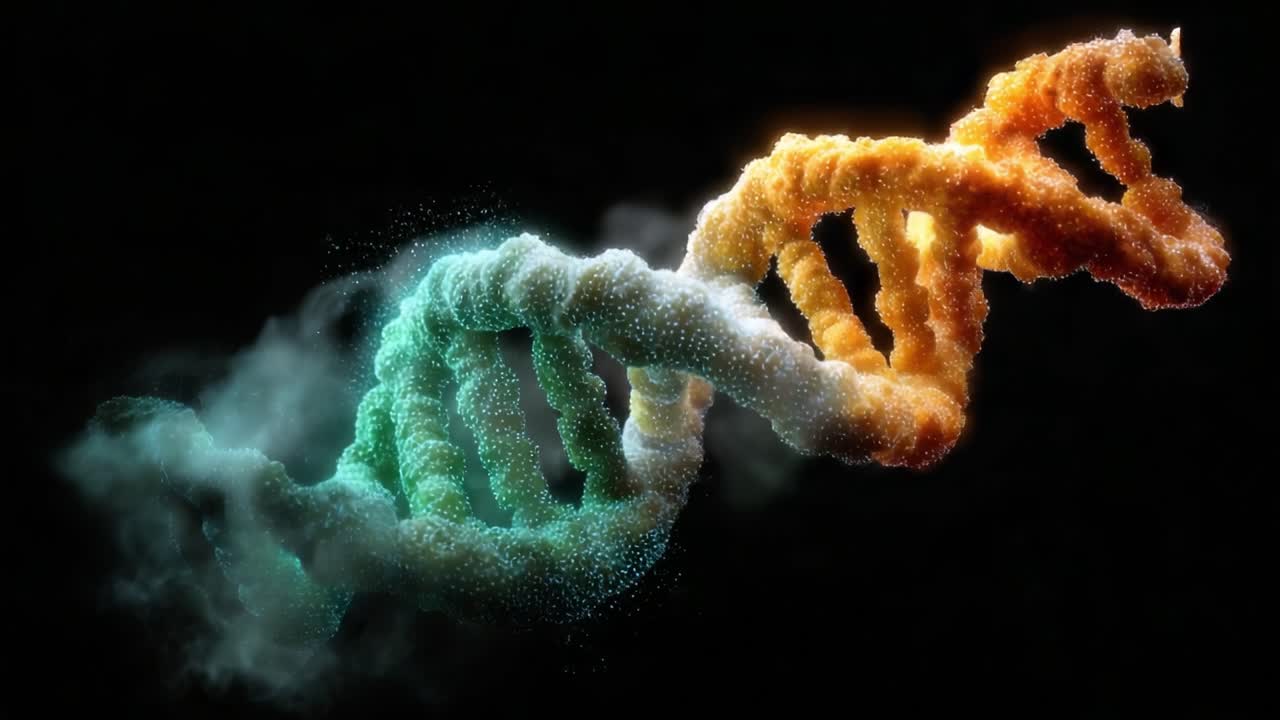 A Captivating Visualization of DNA Structure Highlighting the Intricate Double Helix Design with Vibrant Colors and Ethereal Particle Effect in a Dark Background