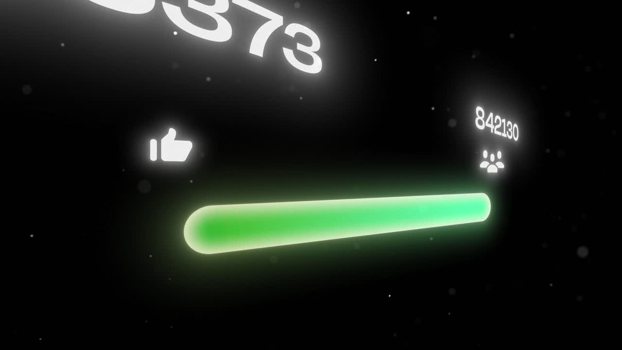 Animación con iconos flotantes de «Me gusta» y «Suscribirse» que simbolizan el crecimiento de seguidores y suscriptores, fondo negro oscuro y partículas flotantes