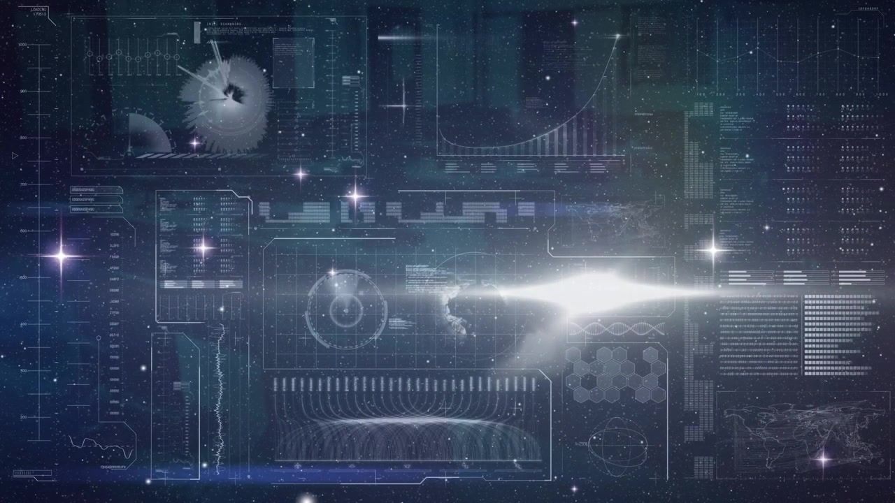 Animation of world map, graphs and charts processing data with lights on black interface