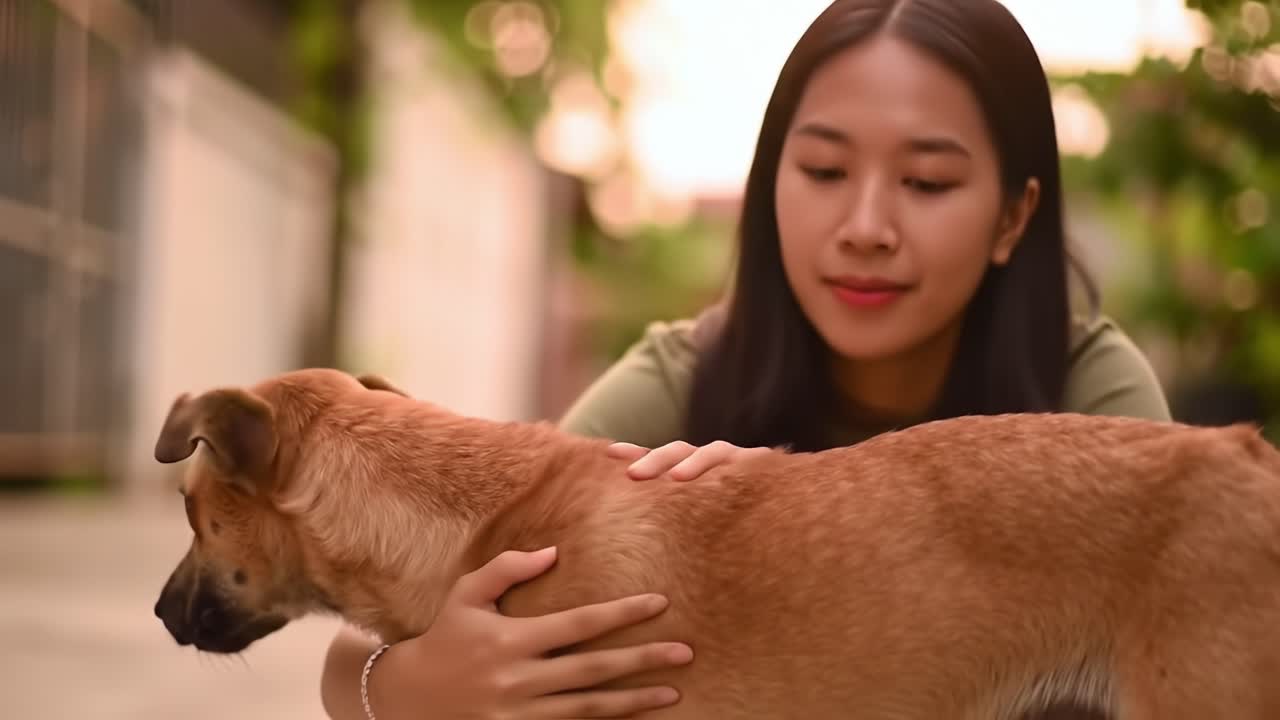 A Heartwarming Moment: A Young Woman Interacting with a Playful Dog in a Serene Outdoor Setting at Sunset