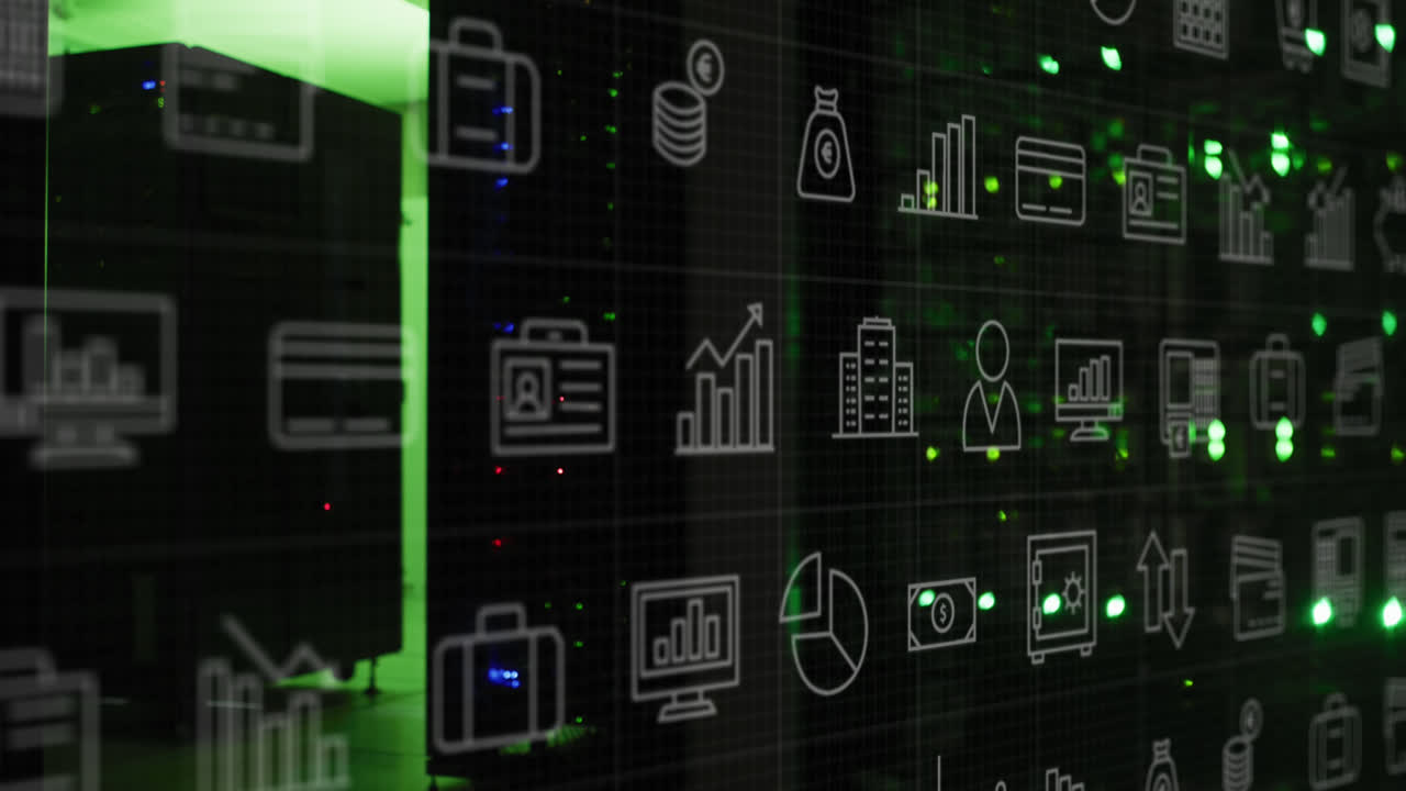 animación de iconos de negocios sobre la sala del servidor