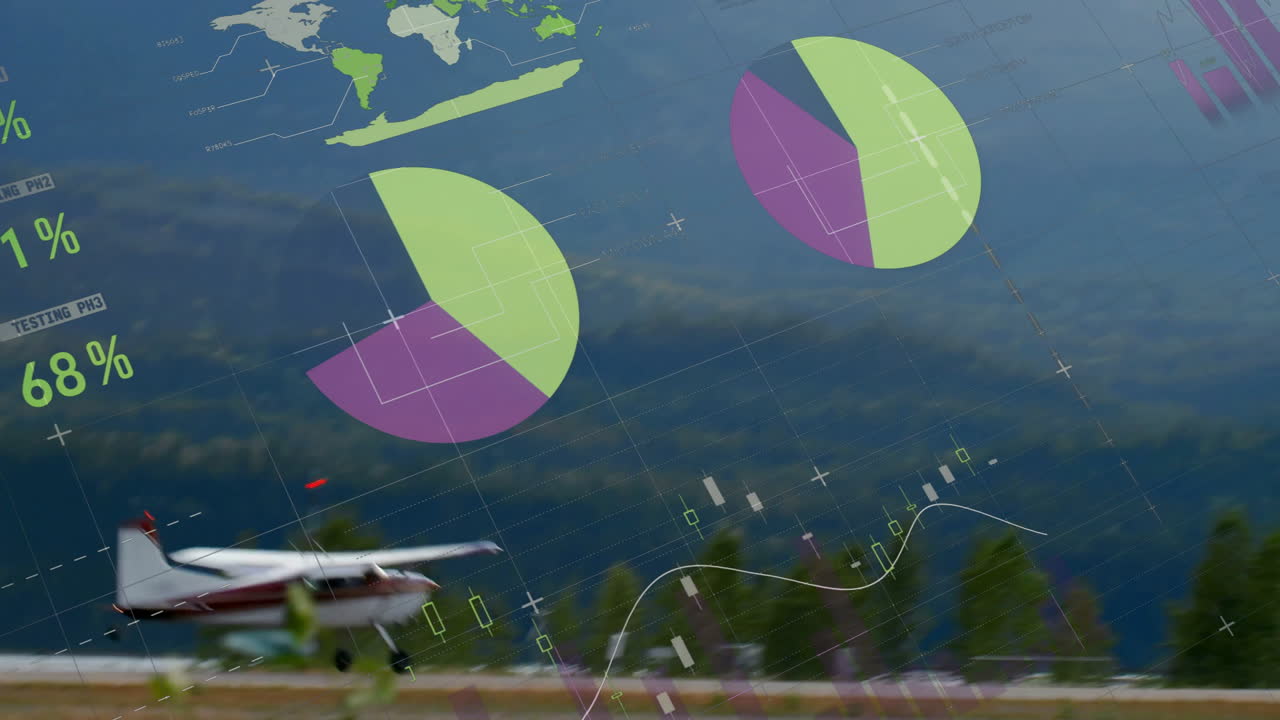 Airplane taking off with animation of graphs and charts overlaying landscape