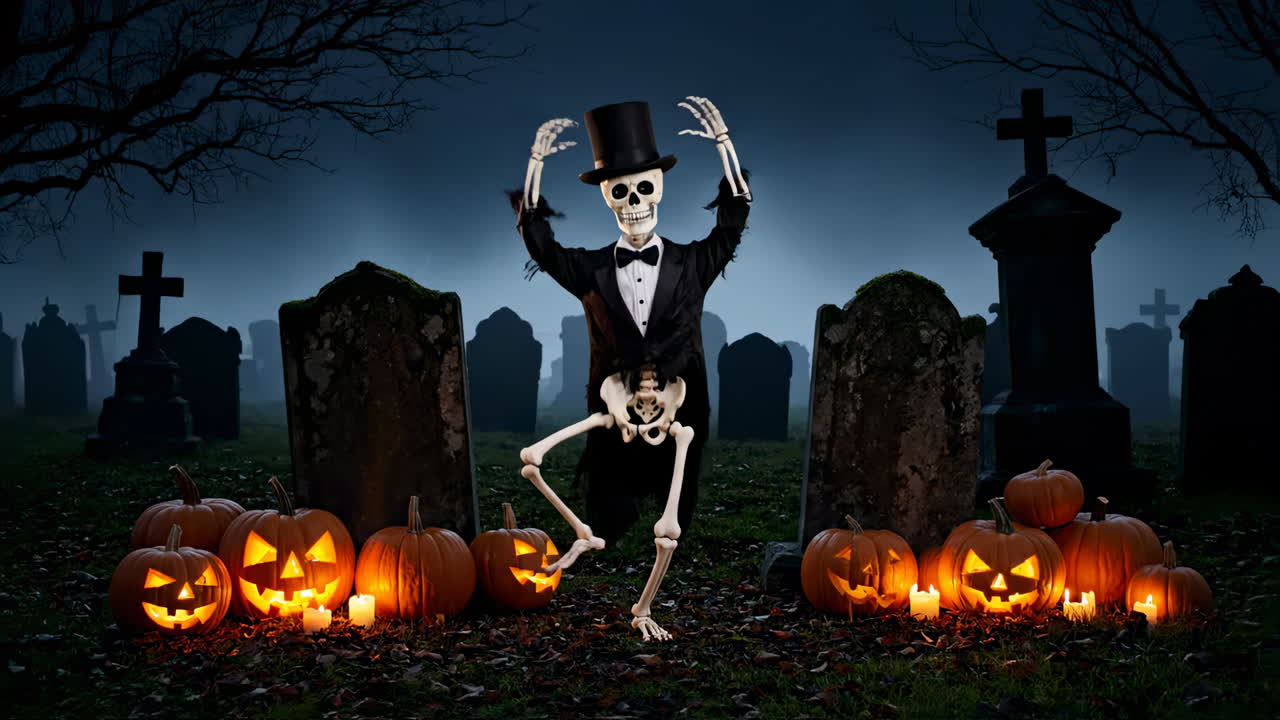Dancing skeleton in tuxedo among pumpkins in cemetery. A skeleton dressed in a tuxedo and top hat dances among glowing pumpkins in a spooky graveyard at night