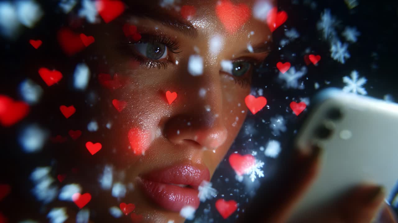 A close-up portrait of a young woman gazing at her smartphone in a dreamy atmosphere filled with falling snowflakes and vibrant hearts, capturing a mix of emotions and holiday spirit