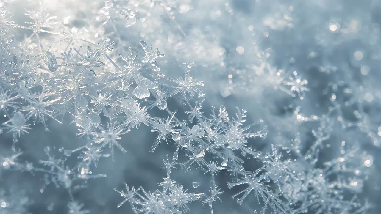 Shifting focus revealing cluster of hexagonal flakes with thin threads and melt beads on dark base