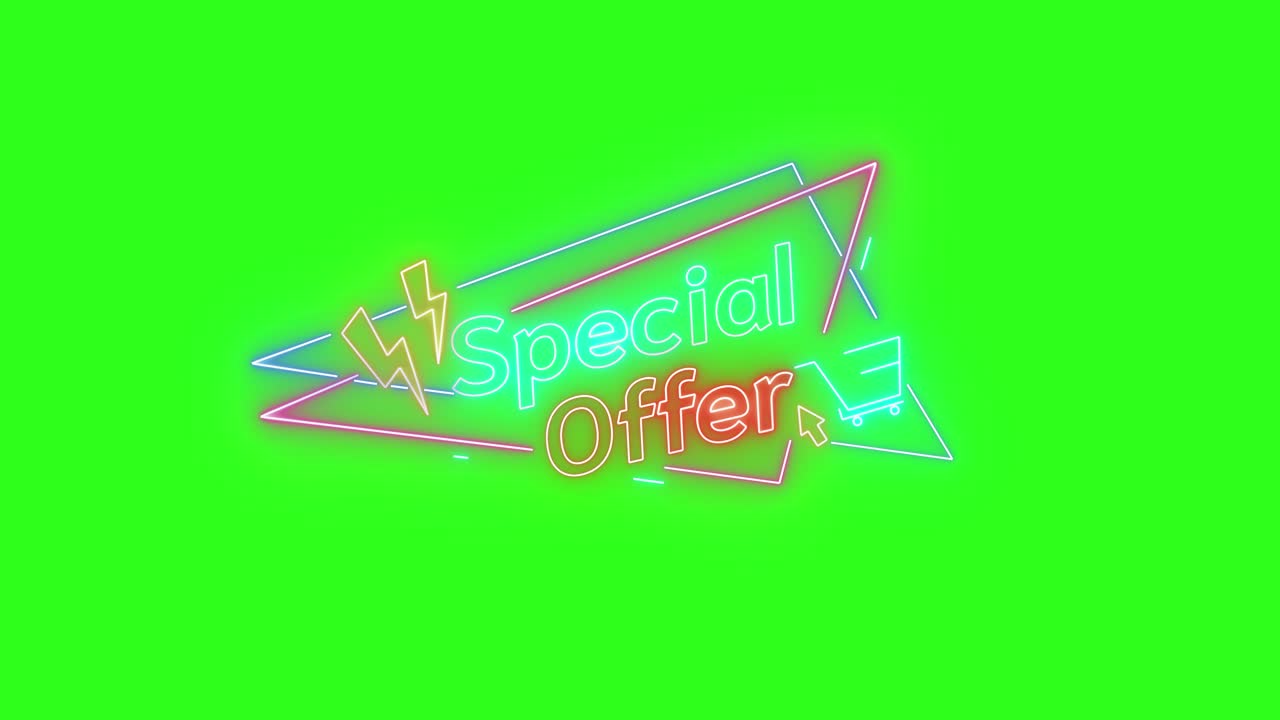 Insegna neon animata mostra testo di offerta speciale con forme geometriche luminose su sfondo green screen.
