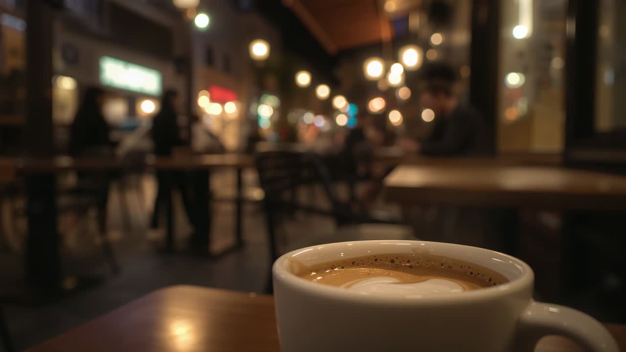 Capturing white latte art cup on cafe table, man checking phone for messages as pedestrians passing