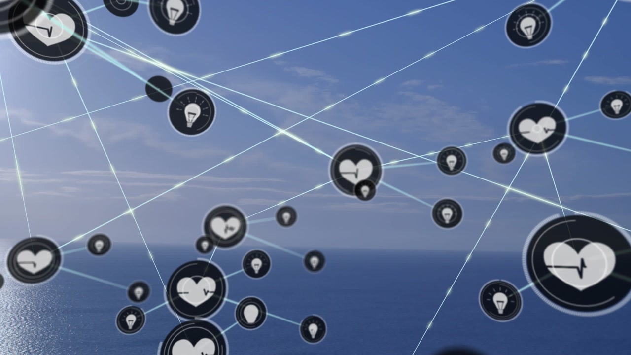 Animazioni di una rete di connessioni con icone su cielo blu nuvoloso