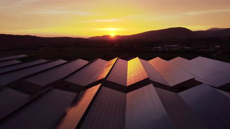 Paneles-Solares-Fotovoltaicos-En-El-Techo-Del-Invernadero-Al-Atardecer,-Concepto-De-Energía-Renovable